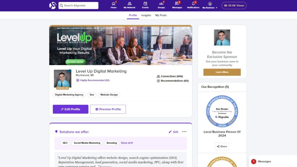 Screenshot of Level Up Digital Marketing's Alignable profile showcasing local business connections, recommendations, and marketing services in Rockwood, MI.